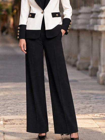Contrast-Trim Blazer And Wide-Leg Pants Set