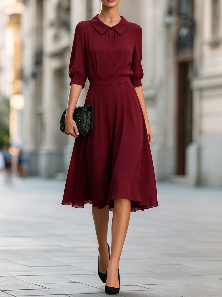 Peter Pan Collar 3/4 Sleeve A-Line Chiffon Midi Dress