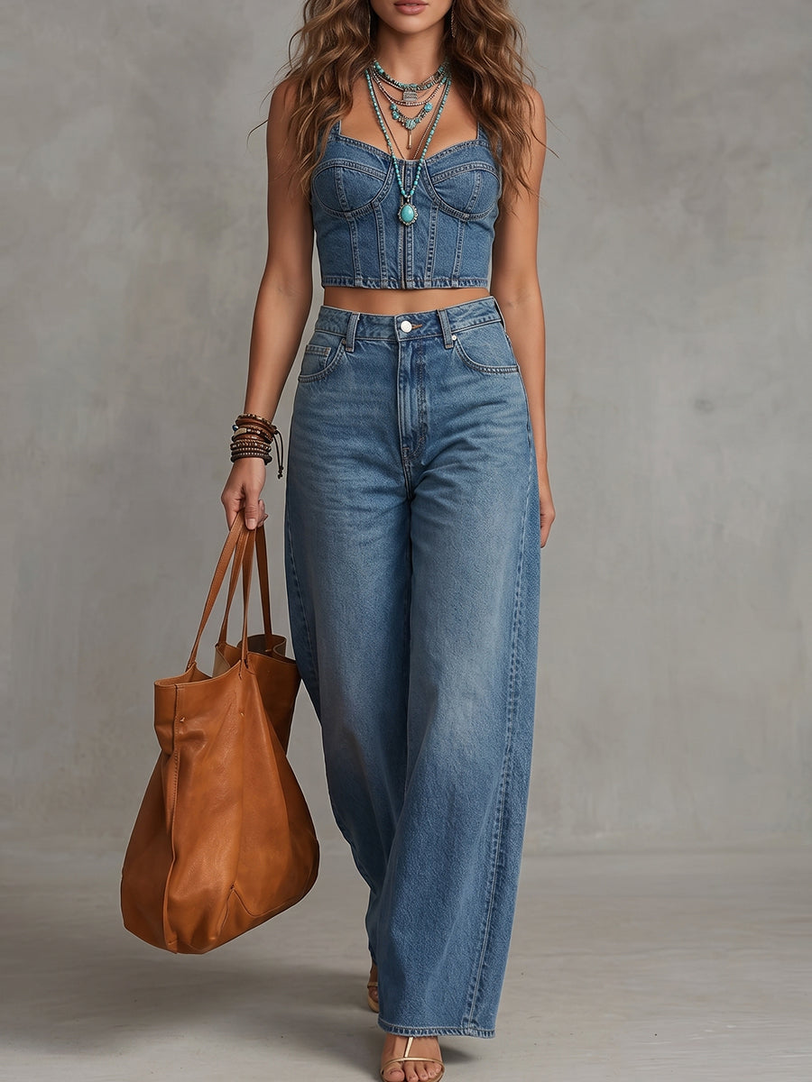 Denim Corset Crop Top And Wide-Leg Jeans Set