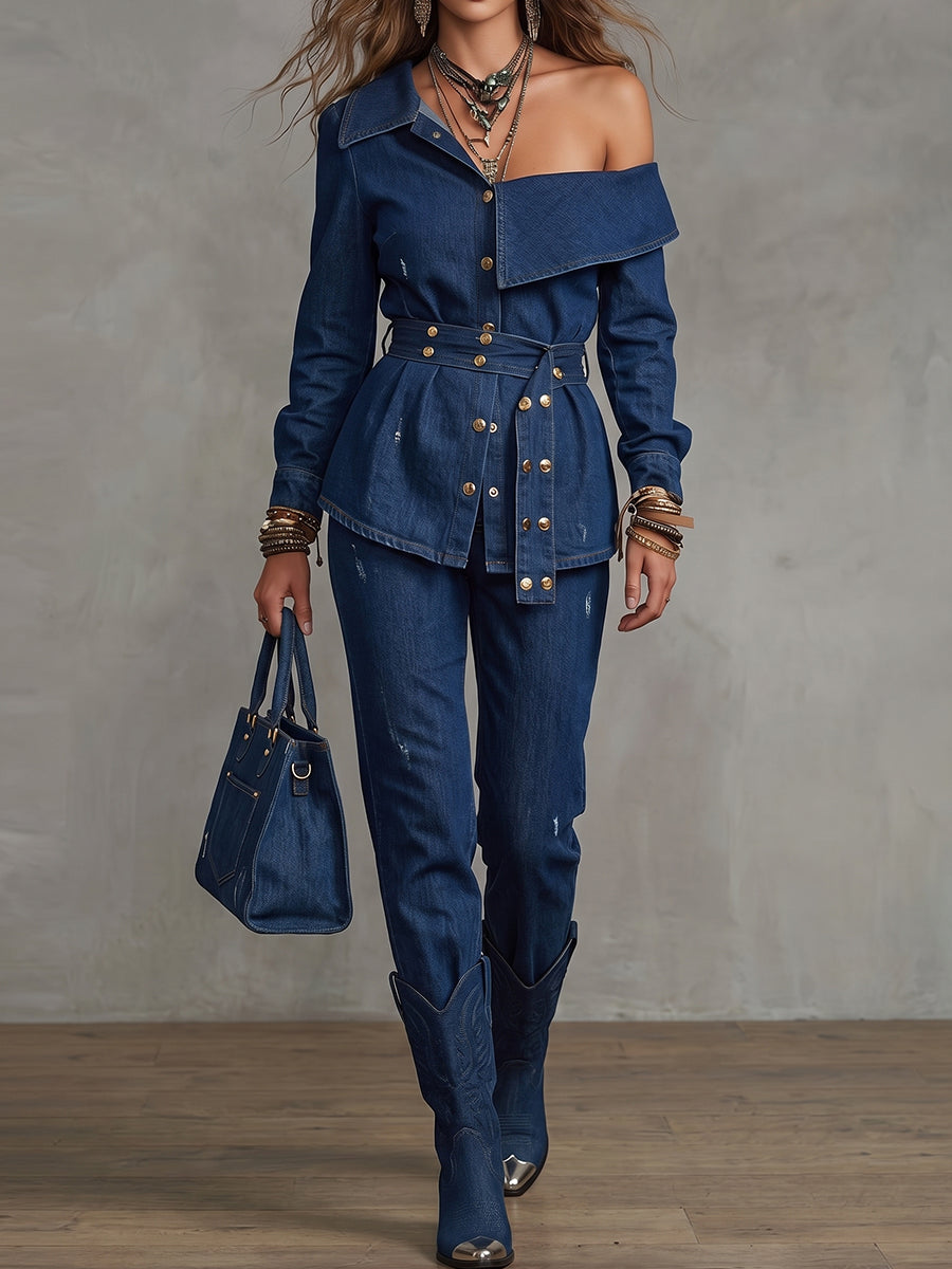 Dark Denim Asymmetric Off-Shoulder Two-Piece Set
