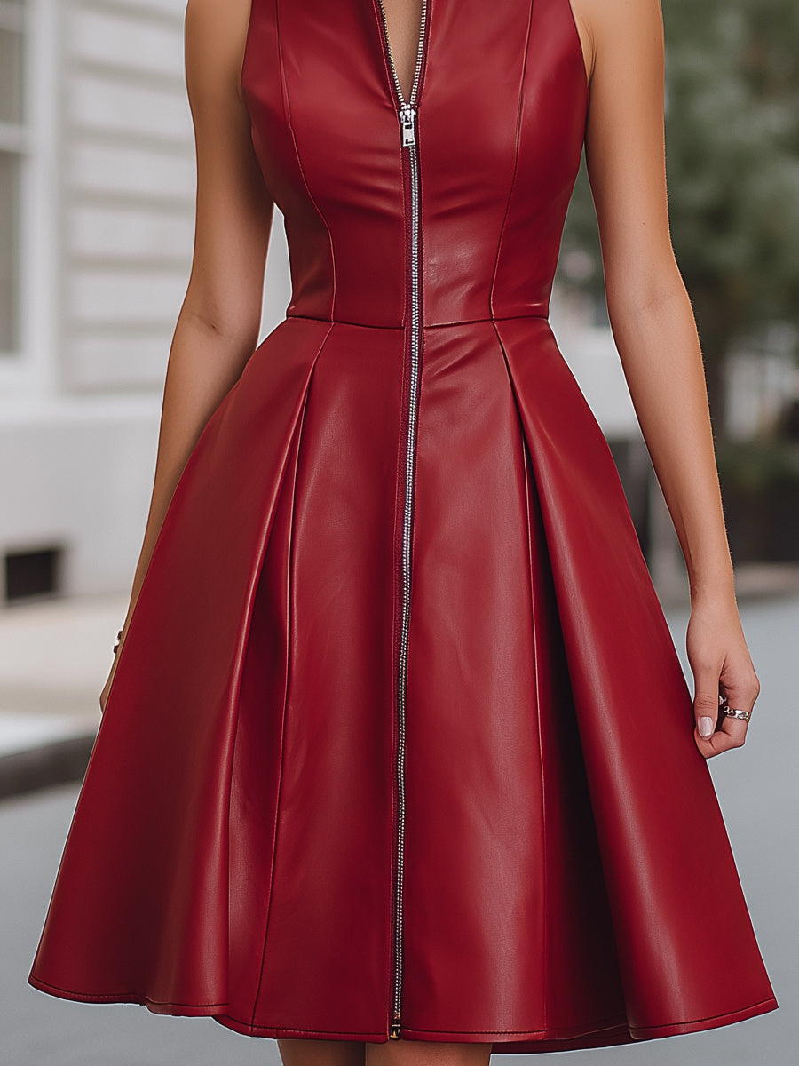 Sleeveless Zip-Front Faux Leather Fit-and-Flare Dress