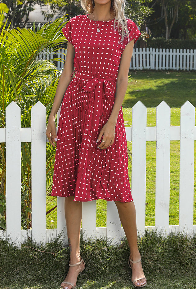 Mid-Length Dress Short Sleeve Lace-up Polka Dots Pleated Dress