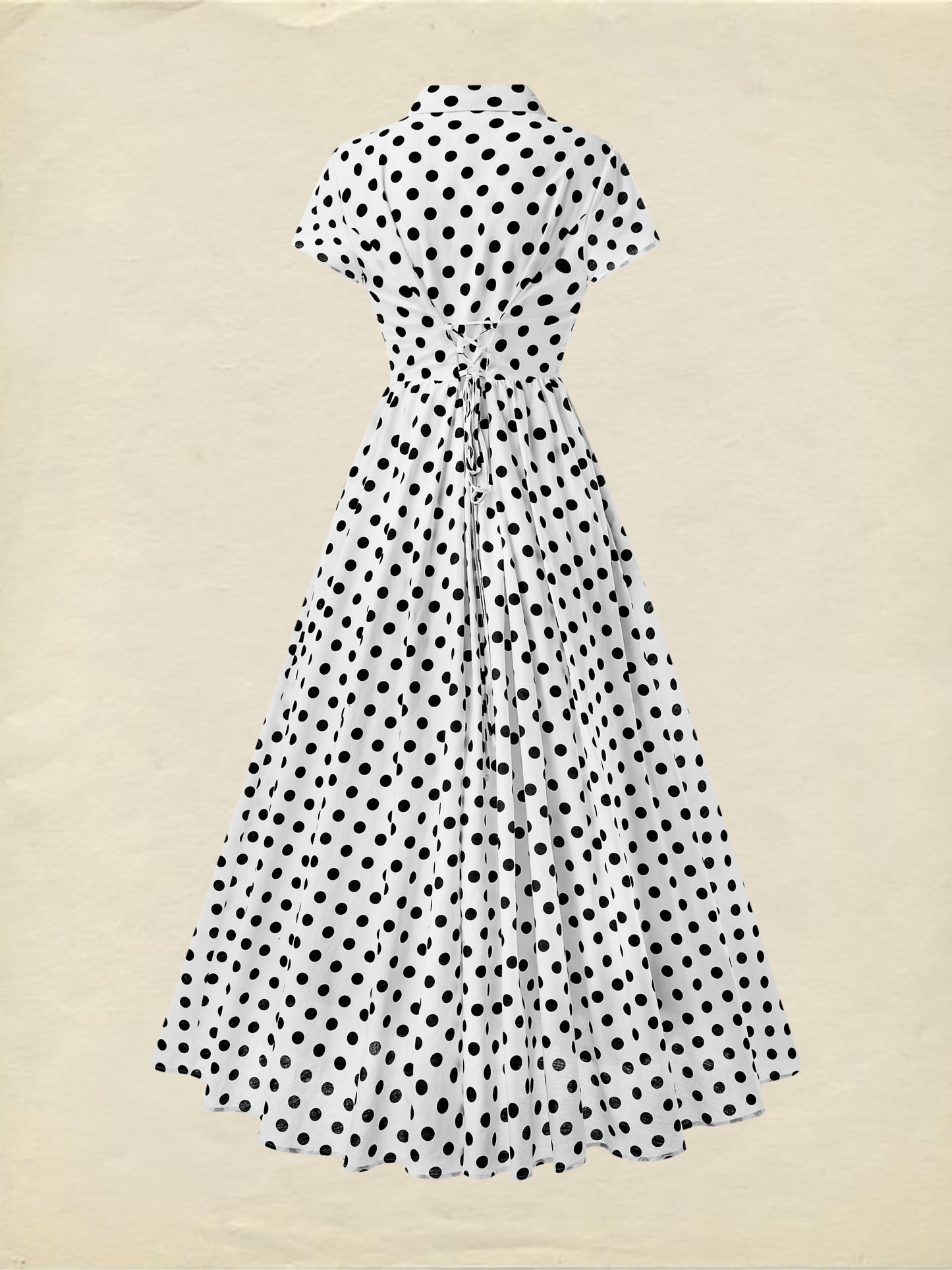 Cotton Maxi Dress, Short Sleeve, Shawl Collar, Polka Dot, Vintage, White