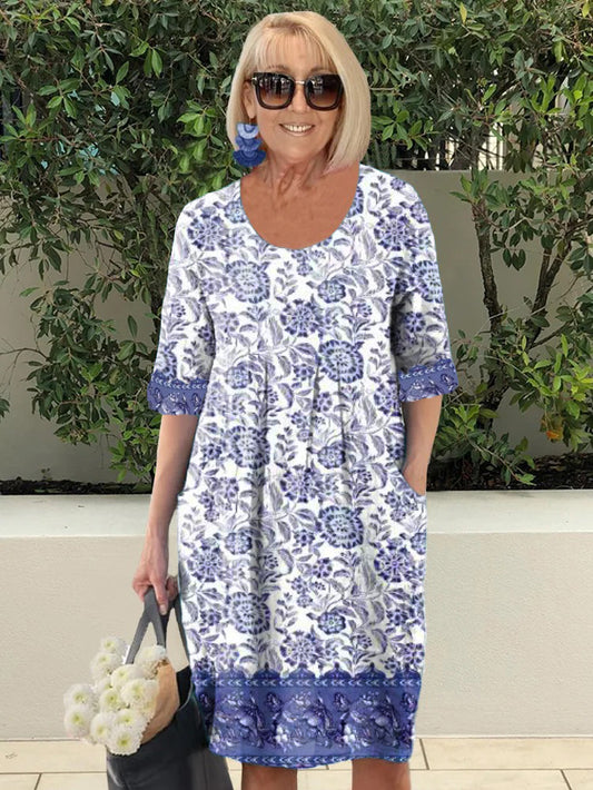 Round Collar Blue Printed Tunic Dress