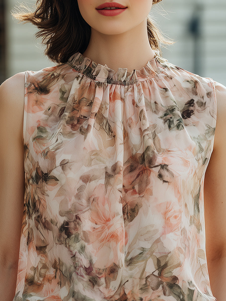 Ruffled High-Neck Floral Sleeveless Blouse