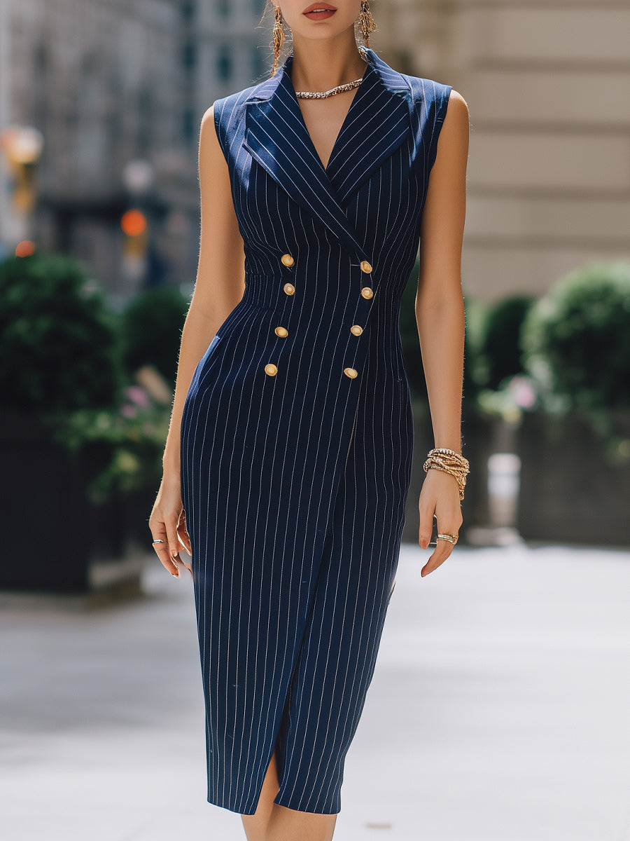 Sophisticated Pinstripe Sleeveless Double-Breasted Midi Blazer Dress