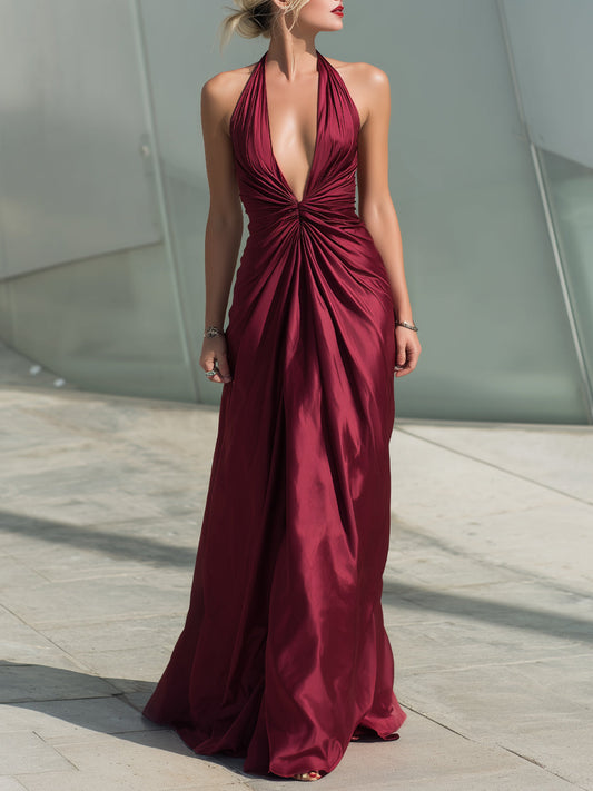 Stunning Halter Neck Burgundy Evening Gown With Elegant Ruched Details