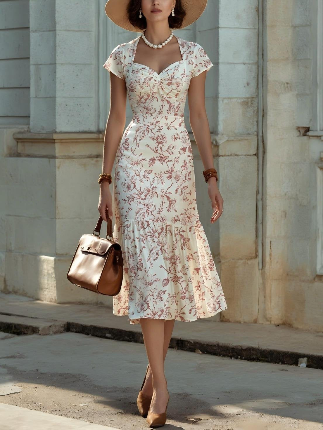 Midi Linen Dress, Short Sleeves, Sweetheart Neck, Floral, Ruffles, Vintage, Blue