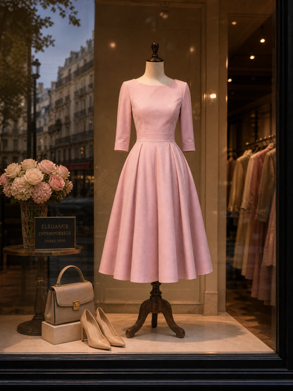 1950s Retro Audrey-Style Pink Swing Midi Dress