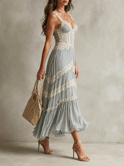 Women Spaghetti Strap Lace Corset Tiered Chiffon Midi Maxi Dress
