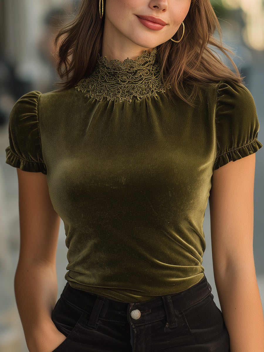 Puff Sleeves Velvet Lace-Trim High-Neck Top