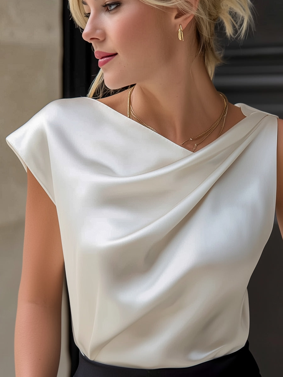 Asymmetric Draped Satin Sleeveless Top Blouse