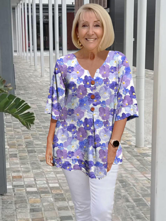 Purple Flower Printed Half Sleeve Shirt Top