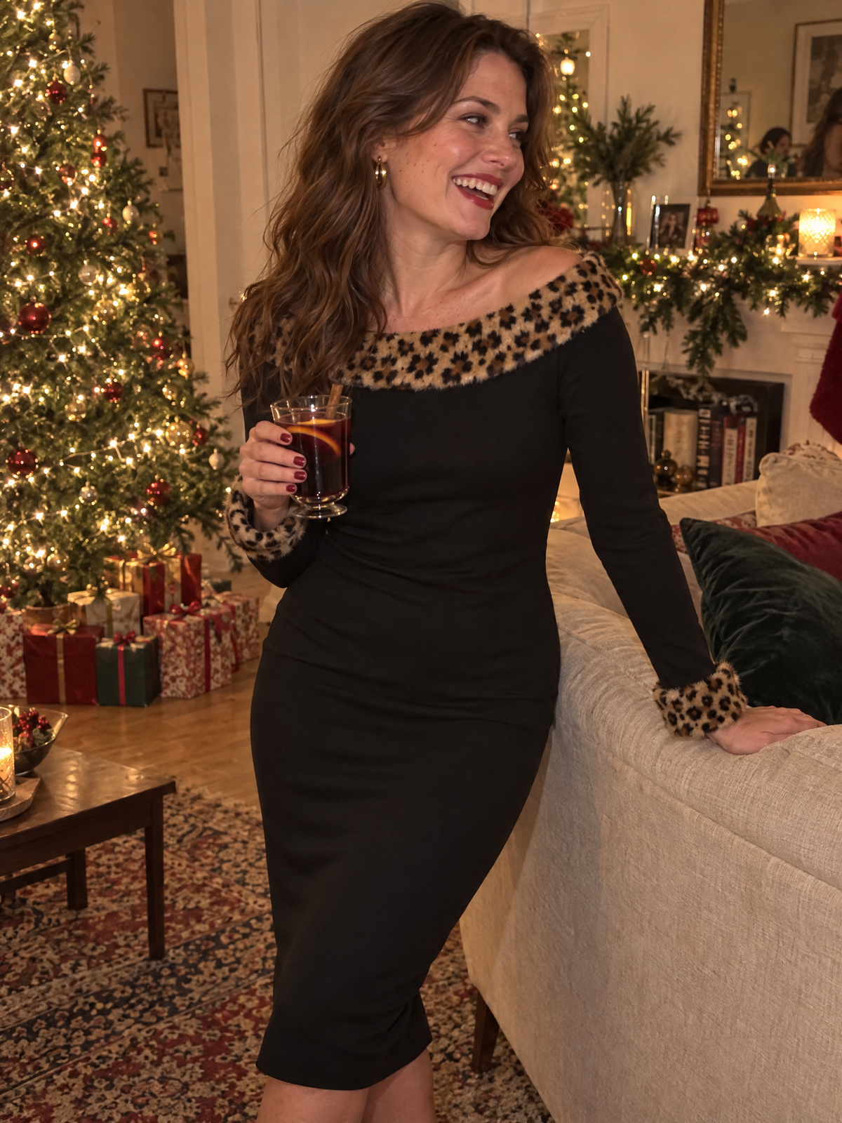 Leopard Faux Fur Trim Long Sleeve Bodycon Midi Dress
