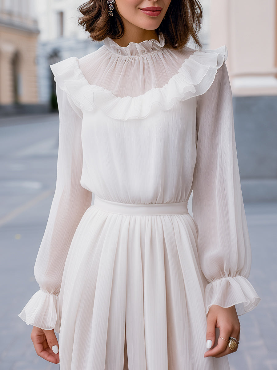 Ruffled High-Neck Chiffon Long-Sleeve Dress
