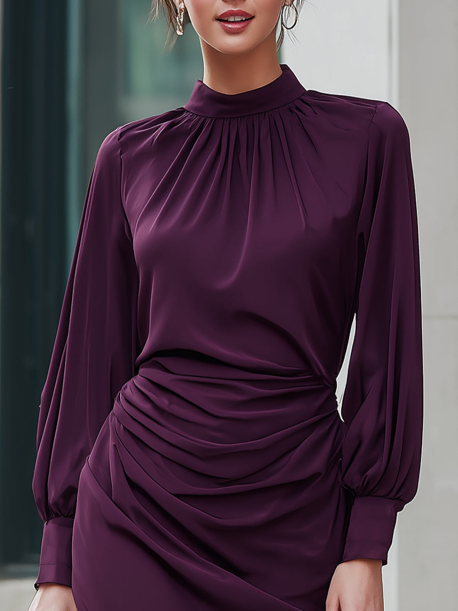 Ruched High Neck Long Sleeve Mini Dress