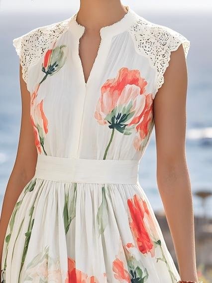 Maxi Linen Dress , Sleeveless, V Neck, Floral, Lace, Vacation, Vintage, Coral