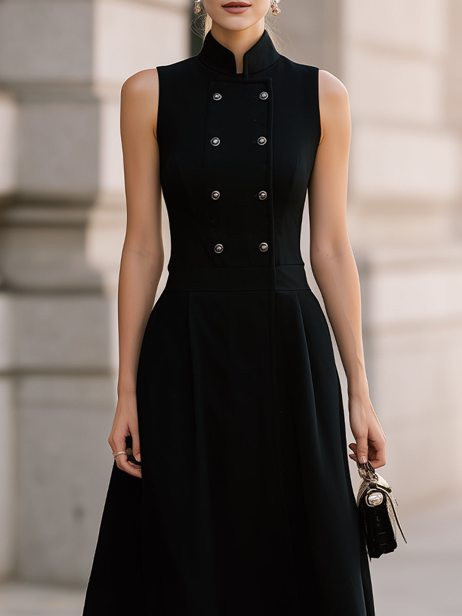 Black Sleeveless Mandarin-Collar Double-Breasted Midi Dress