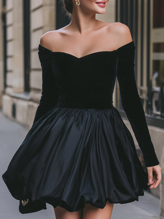 Glamorous Black Velvet Off-the-Shoulder Bubble Hem Mini Dress