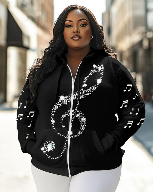 Crystal Music Symbols Print Long Sleeve Zipper Hoodie