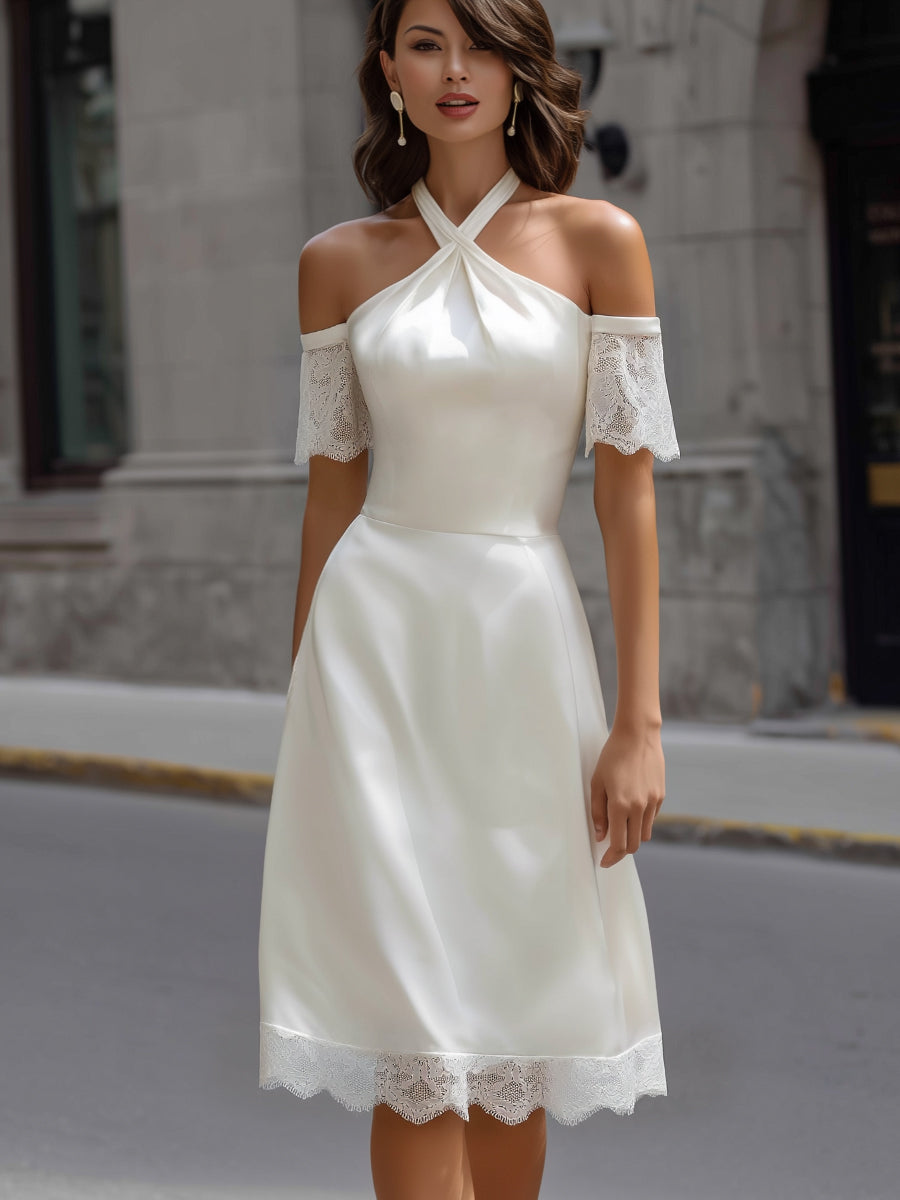 Halter Neck Lace-Trim Midi Dress