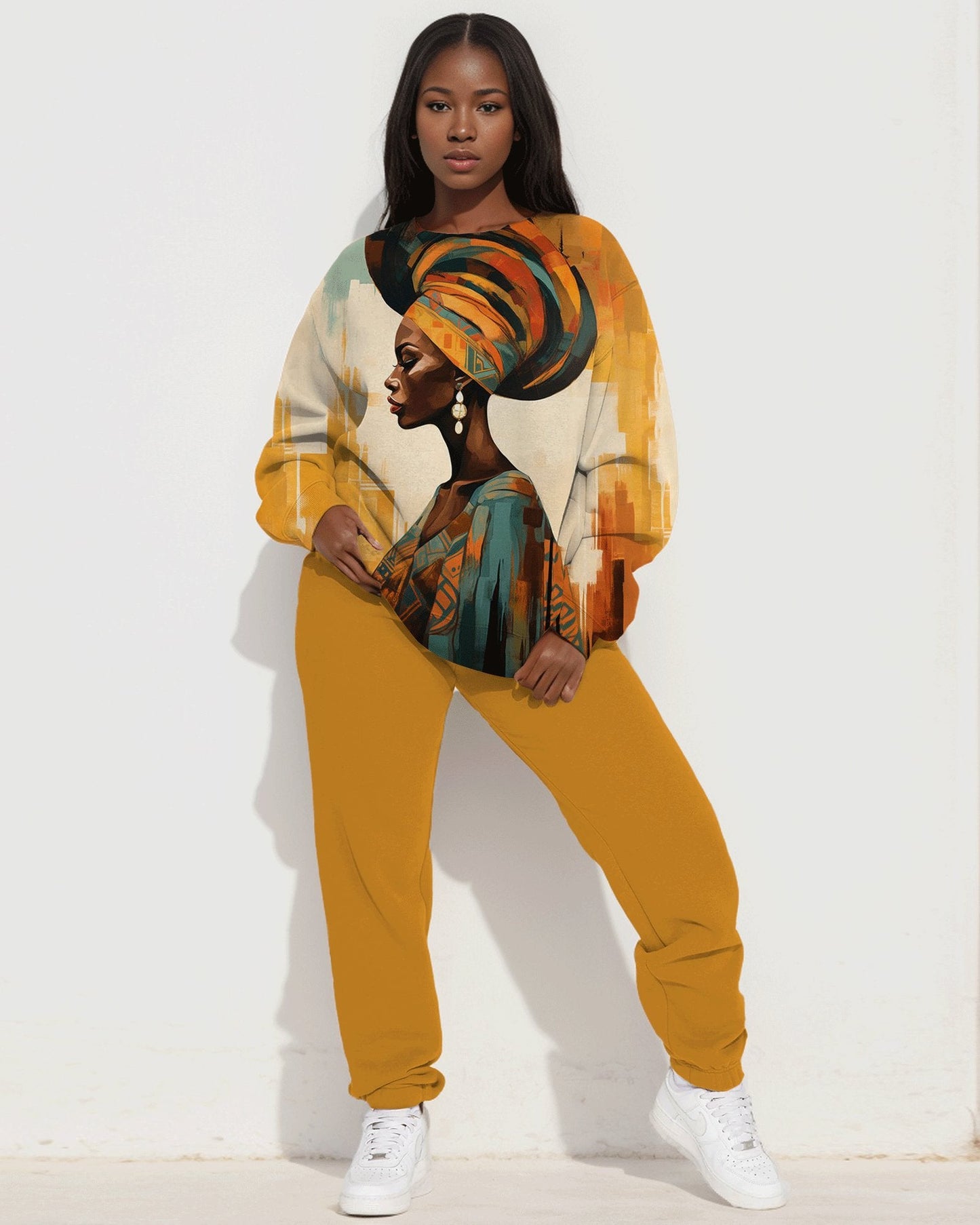 African Lady Painting Print Long Sleeve Sweatshirt Two Pieces Set