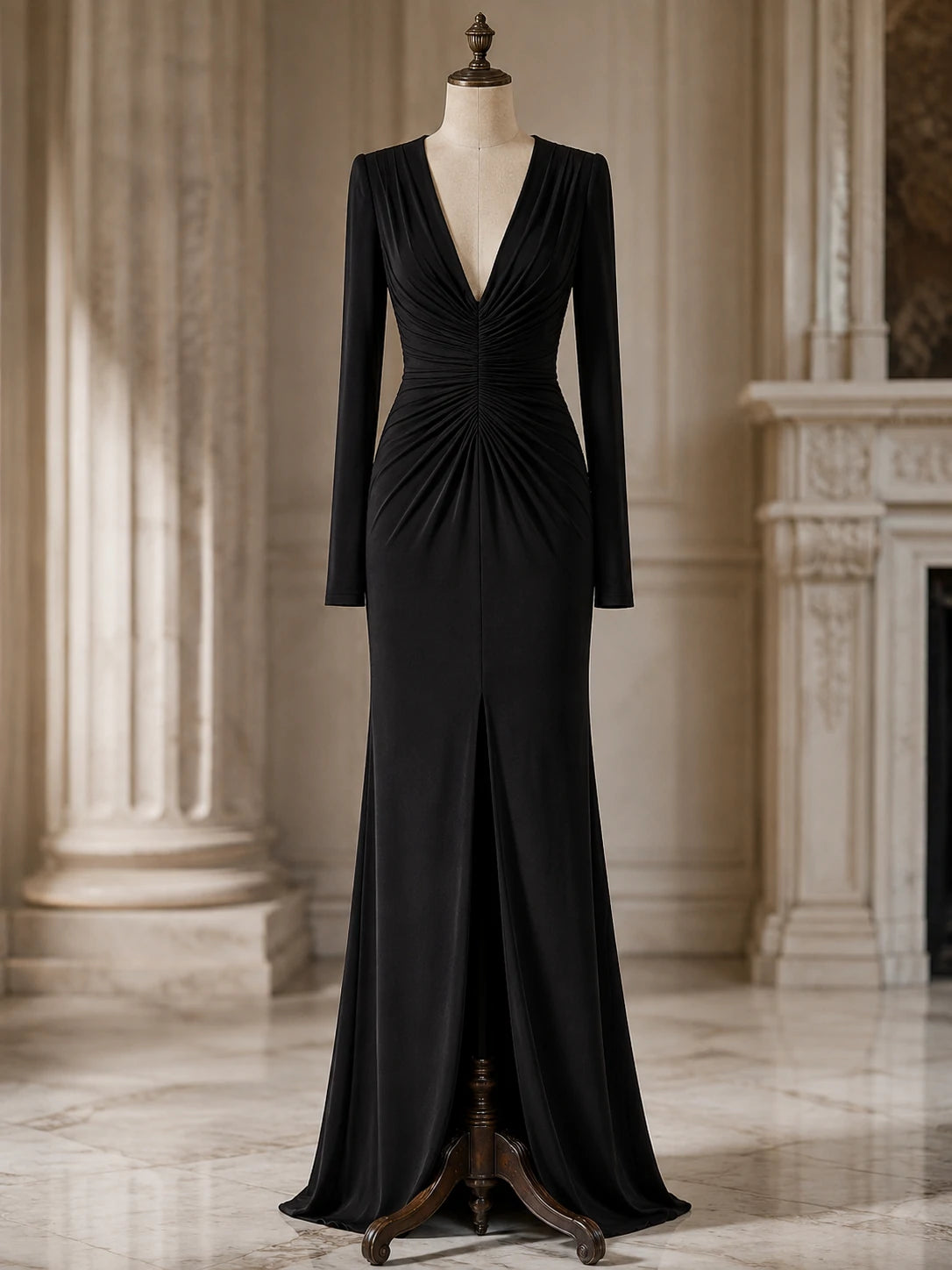 Black Deep V-Neck Ruched Long Sleeve Column Gown – Formal Office Dinner & Evening