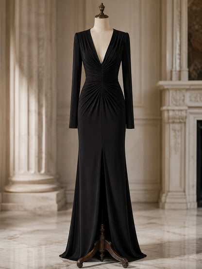 Black Deep V-Neck Ruched Long Sleeve Column Gown – Formal Office Dinner & Evening