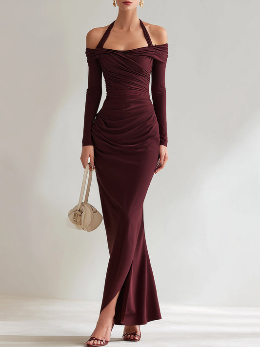 Draped Off-Shoulder Halter Ruched Maxi Dress
