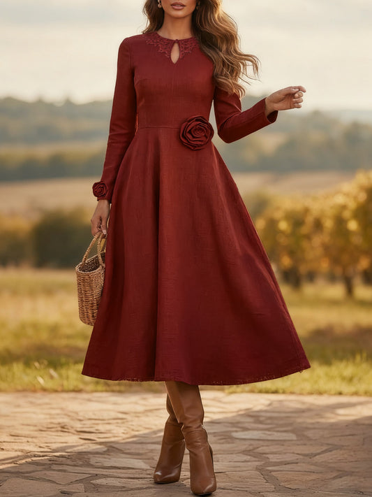 Midi Linen Dress, Long Sleeves, Round Neck, Plain, 3D Floral, Vintage, Red