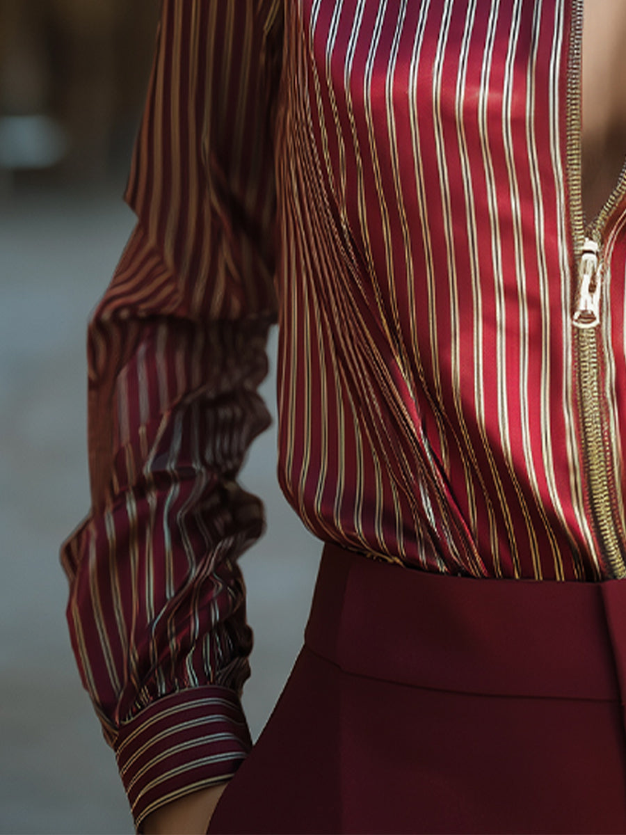 Chic Striped Zip-Front Satin Blouse
