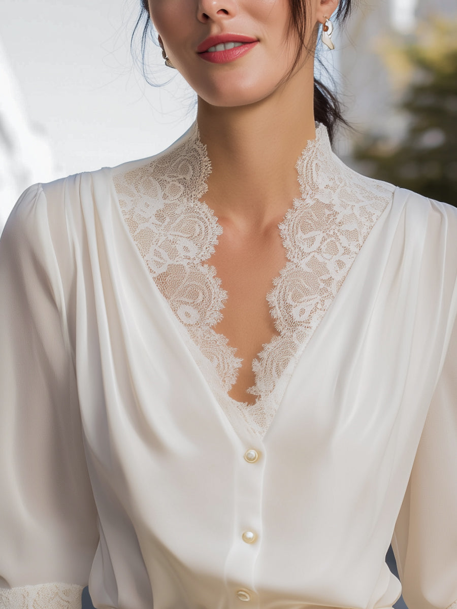 Lace-Trimmed V-Neck Chiffon Button-Up Blouse