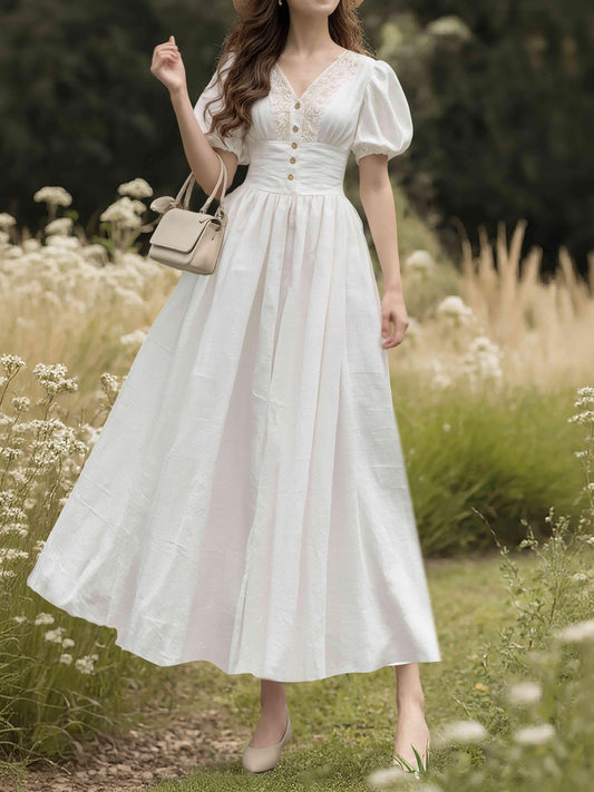 Maxi Cotton Dress, V Collar,  Cottagecore, Cotton Blend, Short Sleeves, white, Lace