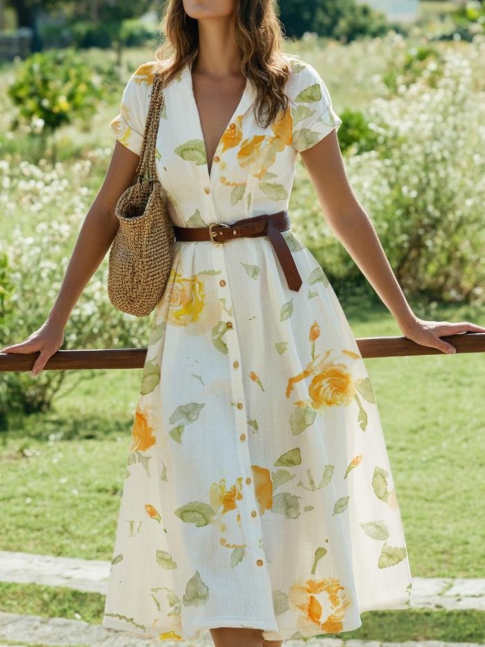 Linen Midi Dress, Short Sleeve, Floral, Vintage, White