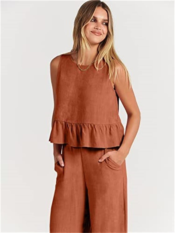 Sleeveless Pleated Vest Wide-Leg Cropped Pants Casual Suit