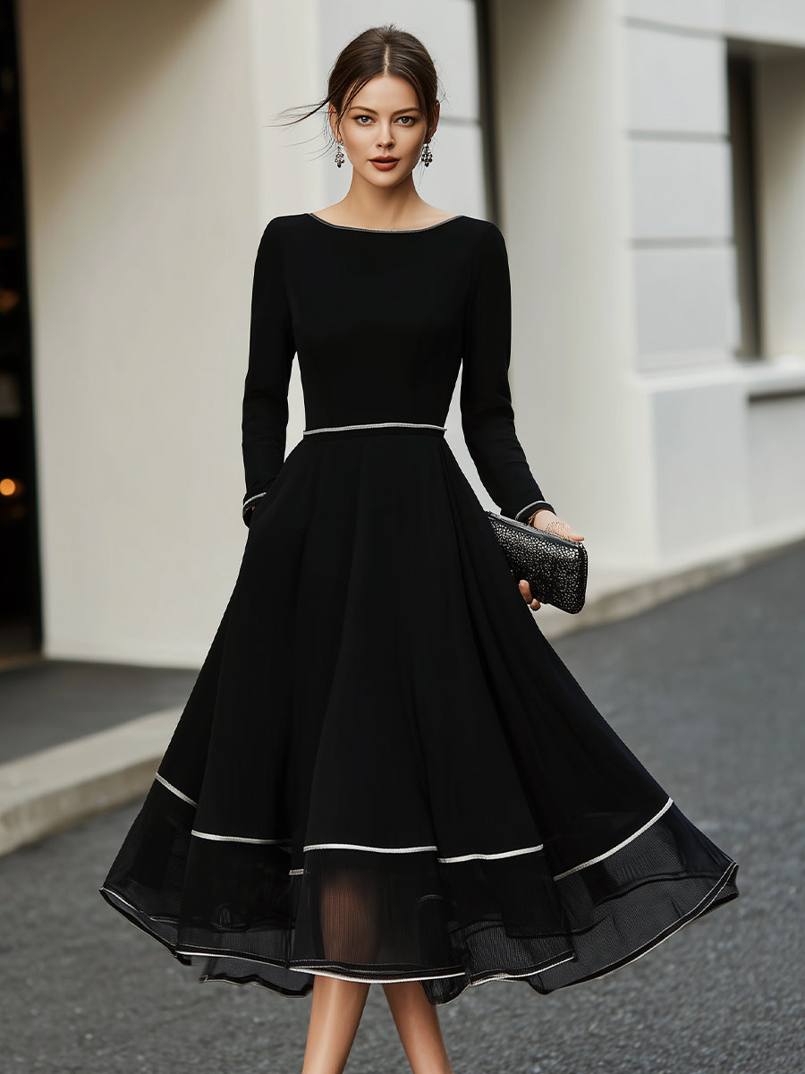 Long Sleeve Contrast Trim Midi Dress With Flared Skirt