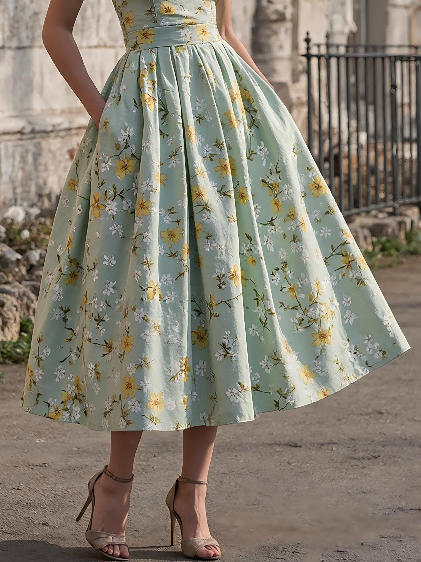 Midi Linen Dress , Sleeveless, Halter, Floral, Pocket Design, Vacation, Vintage, Aqua