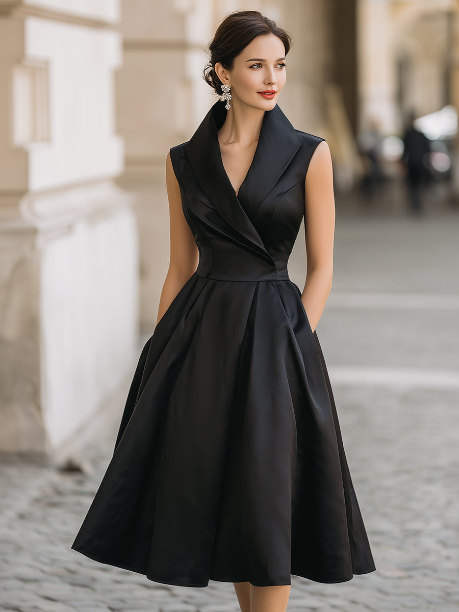 Vintage-Inspired Satin Fit-and-Flare Midi Dress With Sculpted Shawl Collar