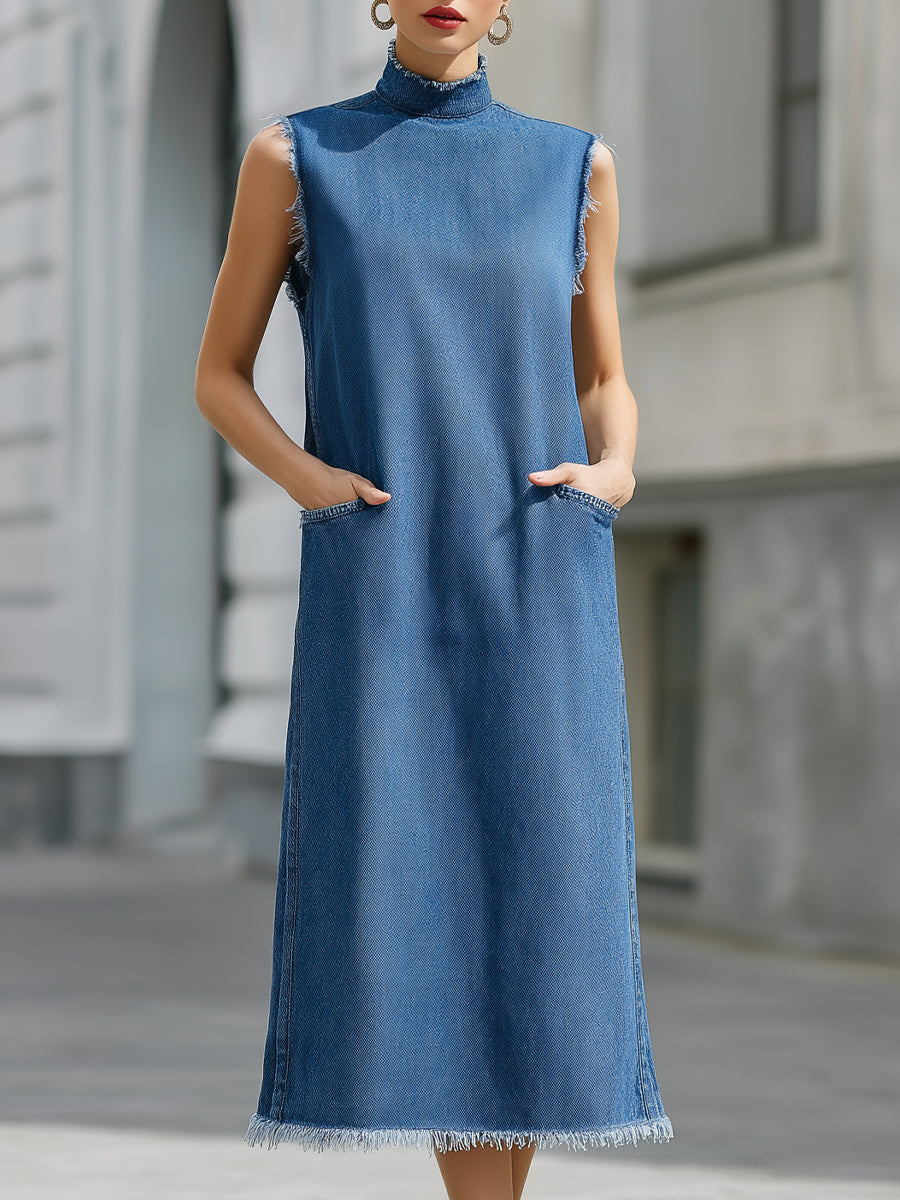 Sleeveless High-Neck Fringed Raw-Edge Denim Midi Dress