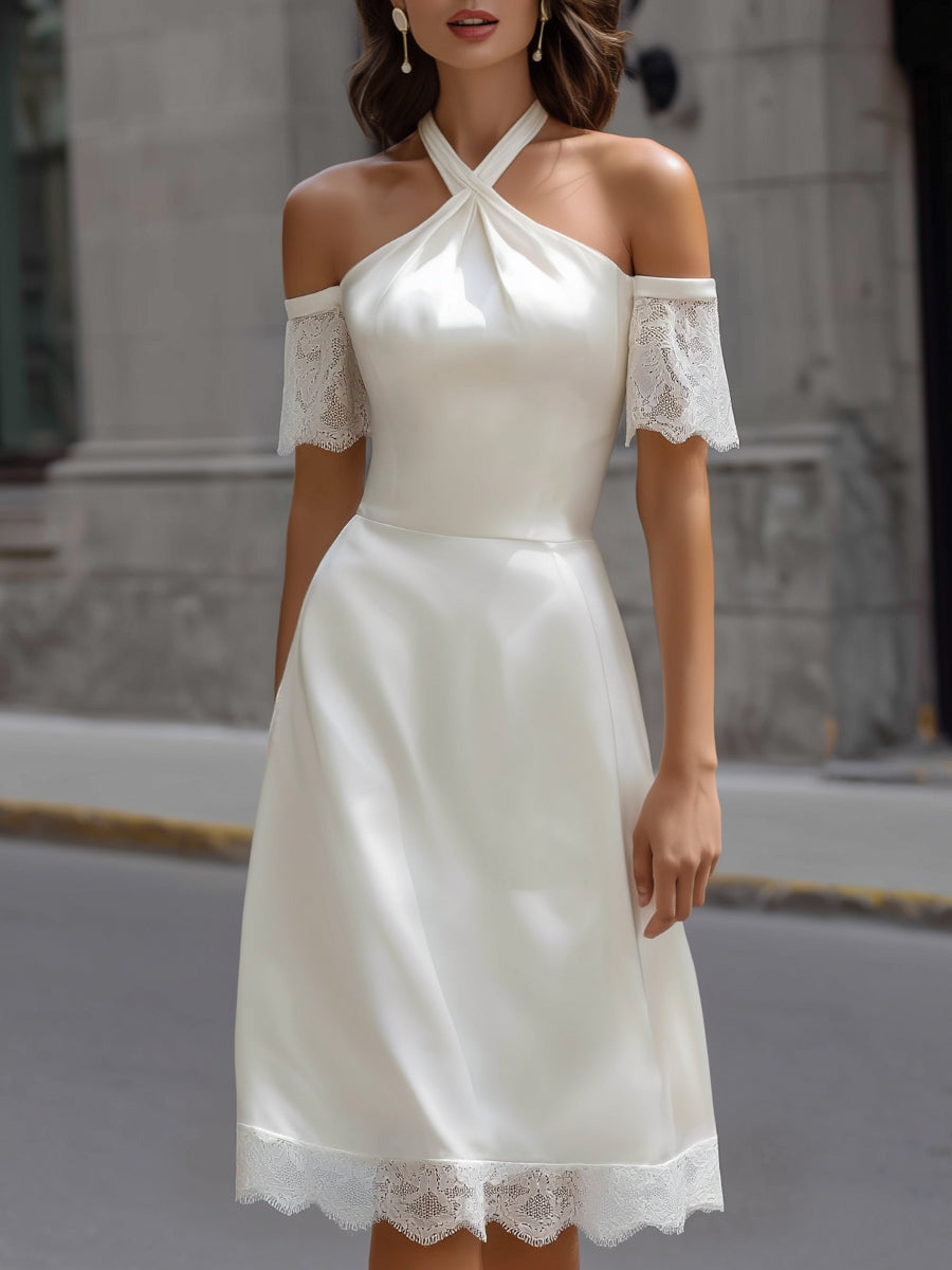 Halter Neck Lace-Trim Midi Dress