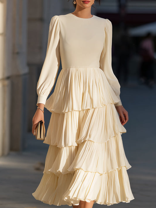 Dreamy Ivory Tiered Pleated Midi Dress