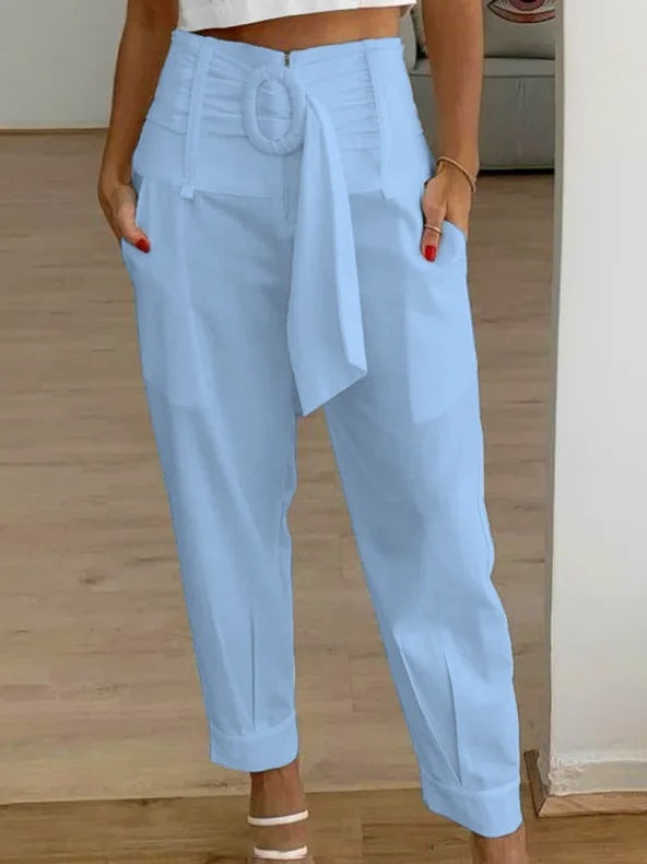 Spring and Summer New Casual Pocket Belt Long Pants Suit Pants