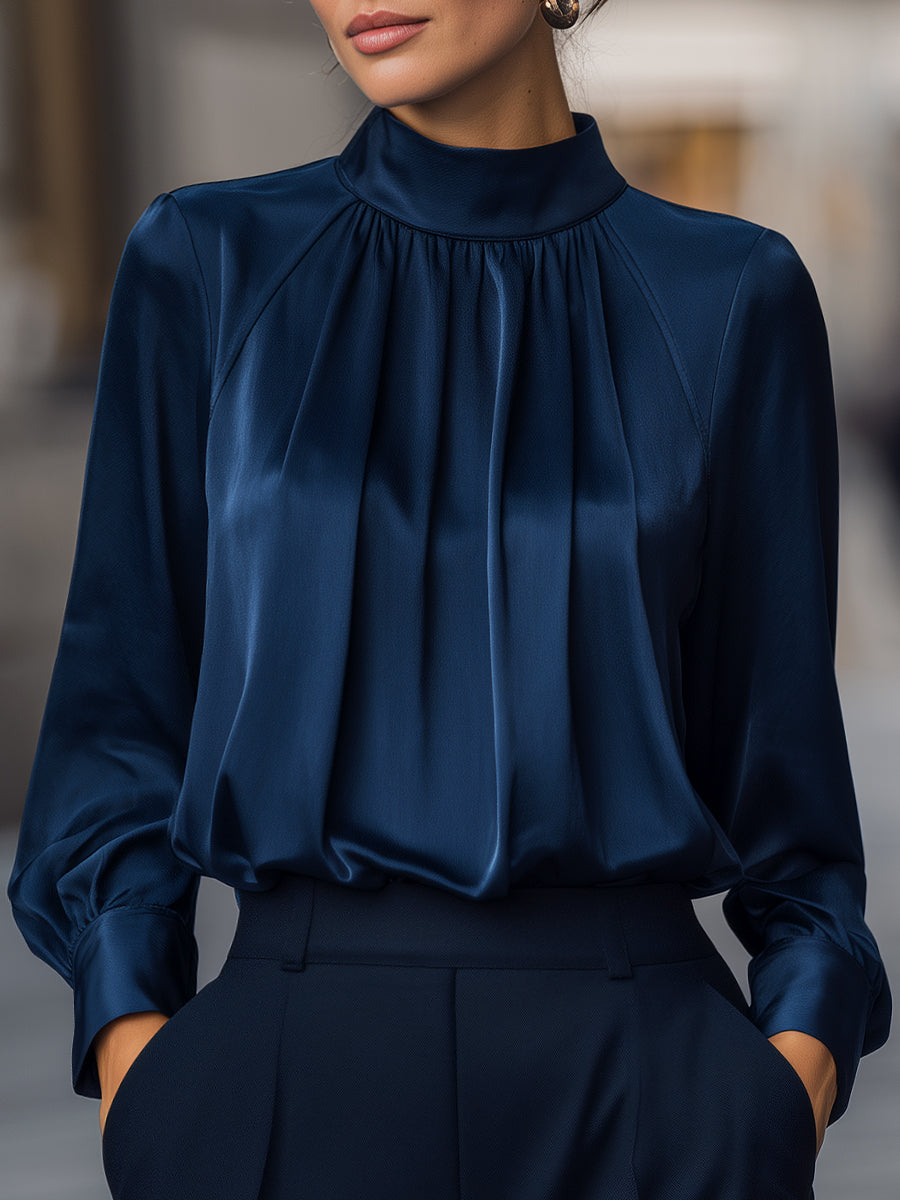 High-Neck Satin Pleated Long Sleeve Blouse