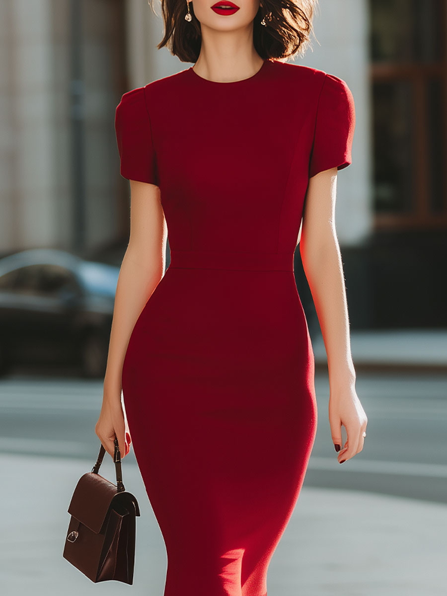 Burgundy Crew-Neck Puff-Sleeve Mermaid Midi Dress