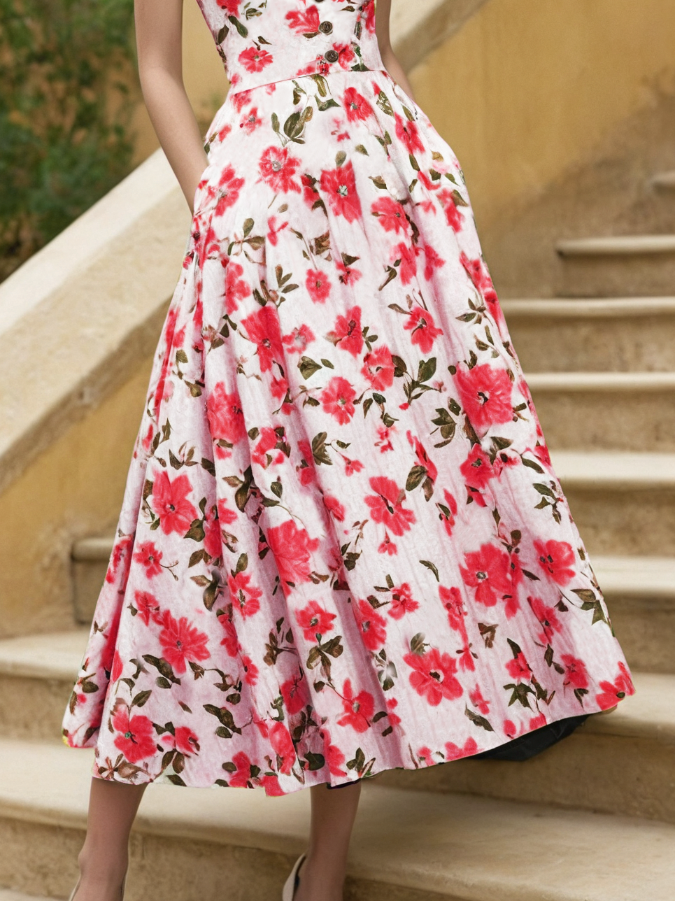 Linen Midi Dress, Short Sleeve, Sweetheart Neckline, Floral, Vintage, Red