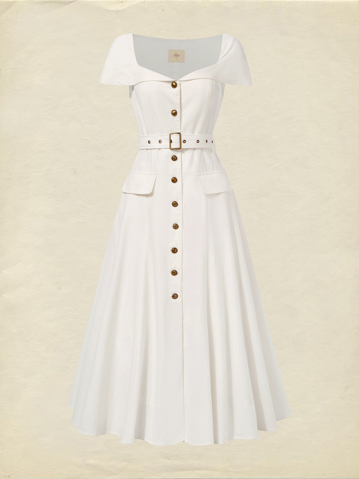 Midi Linen Dress, Short Sleeves, Shawl Collar, Plain, Button Design, French Vintage, White