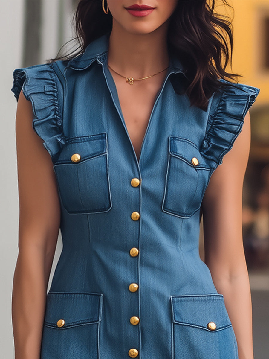 Elegant Ruffled Denim Button-Down Mini Dress