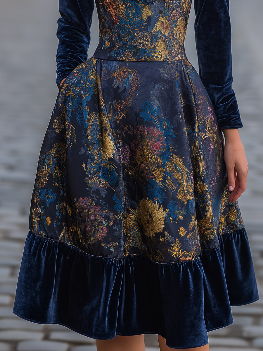 Velvet Bodice Printed Midi Dress With Long Sleeves