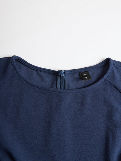 Elegant Navy Blue Batwing Sleeve Midi Sheath Dress