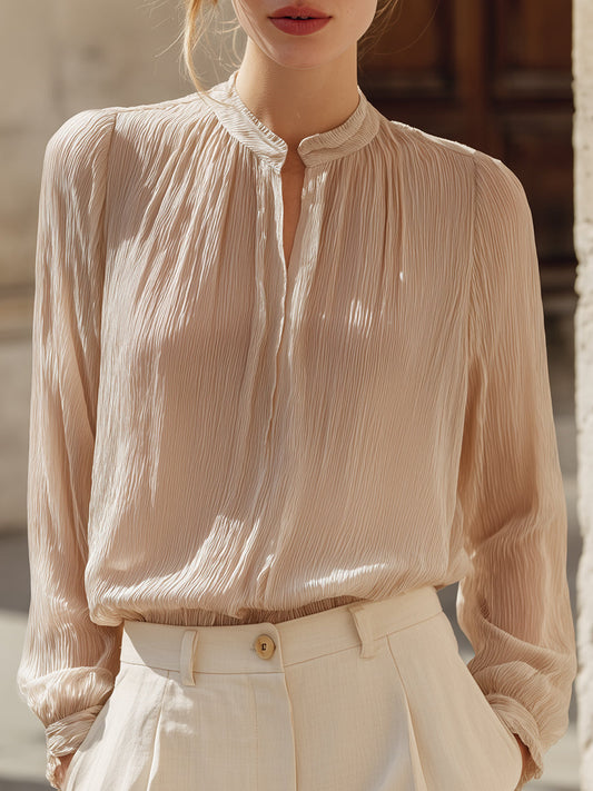 Apricot Crinkled Chiffon Long Sleeve Split Neck Blouse